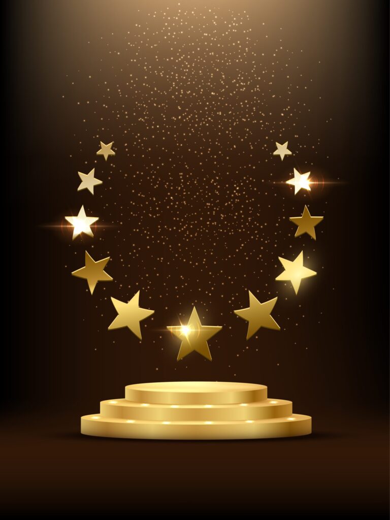 Golden podium with stars glowing. Gold stage with glitter and light smoke on dark background. Hollywood fame in film and cinema or championship in sport vector illustration.