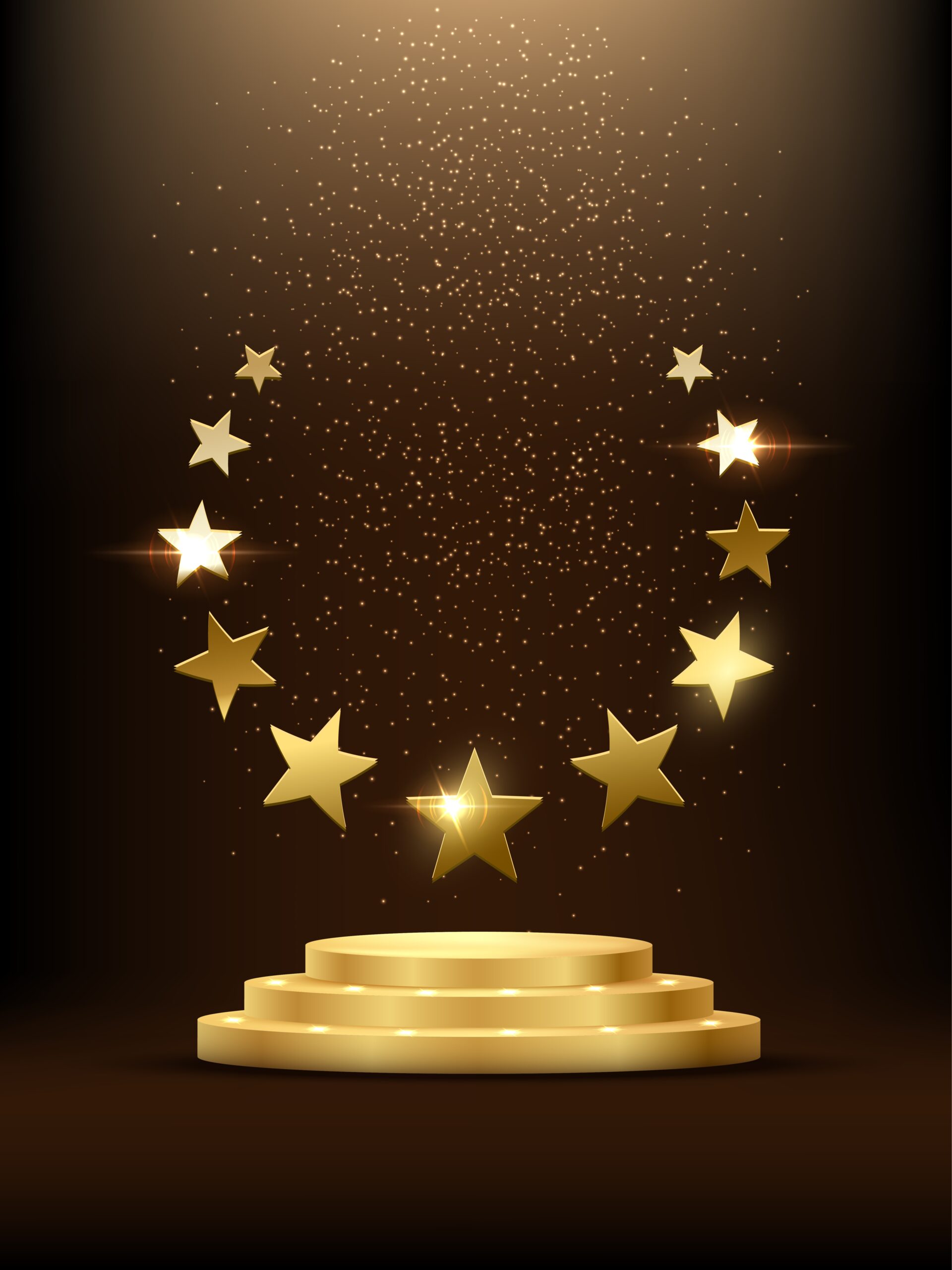 Golden podium with stars glowing. Gold stage with glitter and light smoke on dark background. Hollywood fame in film and cinema or championship in sport vector illustration.